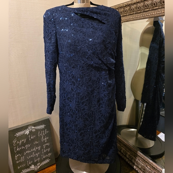 LAUREN Ralph Lauren Midnight Blue Lace Cocktail Dress. Sz 14.  EUC! - Picture 1 of 8